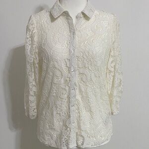 Nanette Lepore Ivory Lace Button-Down Blouse with Detachable Cami Liner